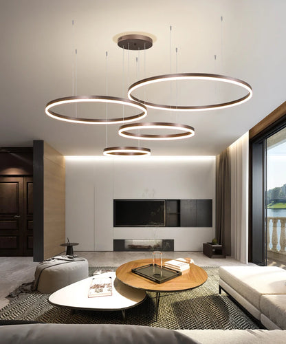 Modern LED Ring Chandelier | Circular Pendant Light in Gold, Black & White | Living Room & Dining Room