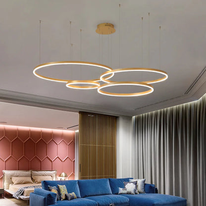 Modern LED Ring Chandelier | Circular Pendant Light in Gold, Black & White | Living Room & Dining Room