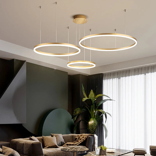 Modern LED Ring Chandelier | Circular Pendant Light in Gold, Black & White | Living Room & Dining Room