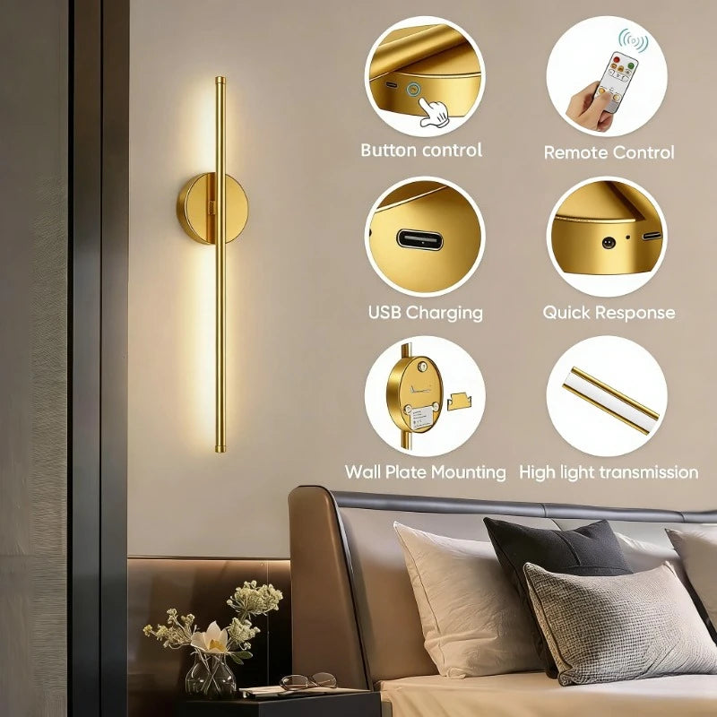 Battery Operated LED Wall Sconce | Remote Control | Wireless USB Rechargeable | Bedroom &amp; Living Room Lighting