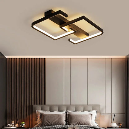 Modern Flush Mount LED Ceiling Light | Dimmable with Remote | Black Geometric | Bedroom & Living Room