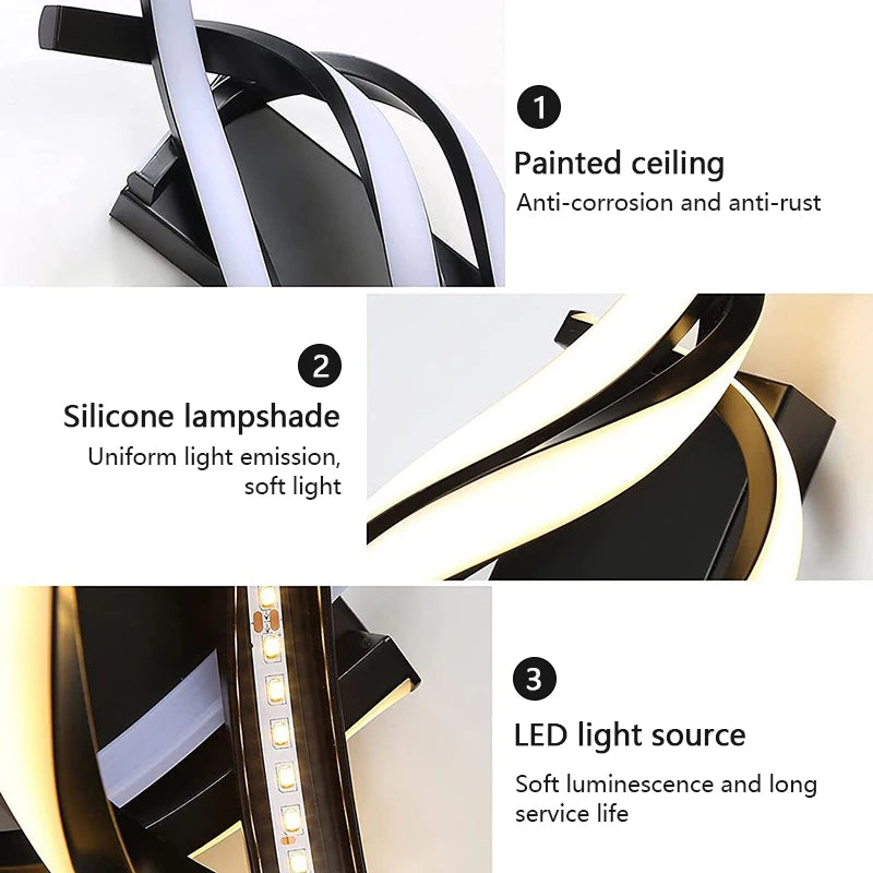 Modern Spiral LED Wall Lamp | Touch 3-Color Switch | Black &amp; White | Bedroom Headboard &amp; Living Room Light