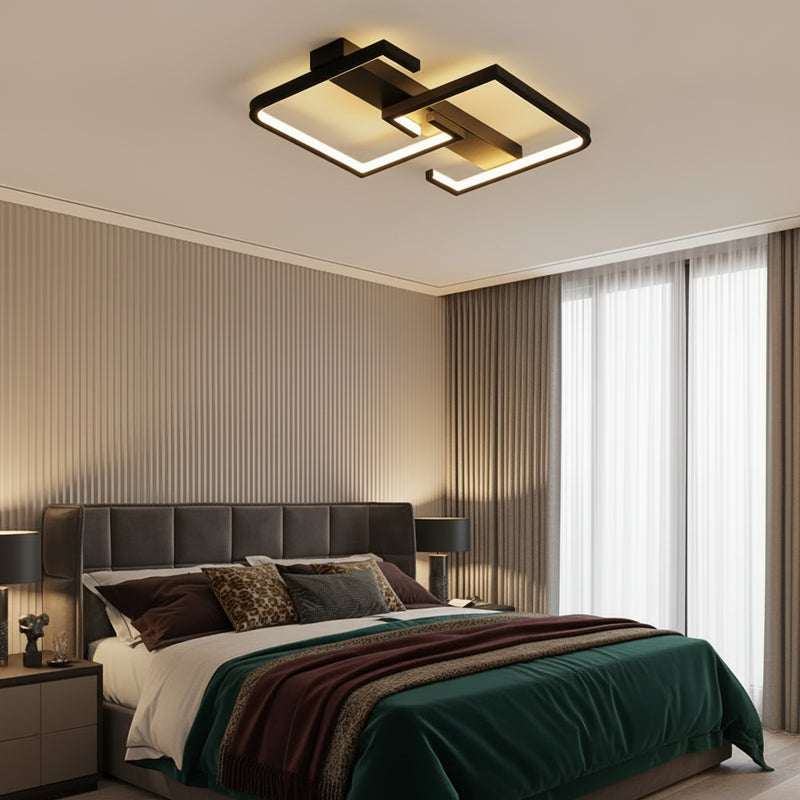 Modern Flush Mount LED Ceiling Light | Dimmable with Remote | Black Geometric | Bedroom & Living Room