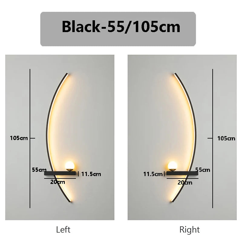 Modern LED Line Wall Sconce | Dimmable Remote Control | 55/105cm | Black Living Room &amp; Bedside Light