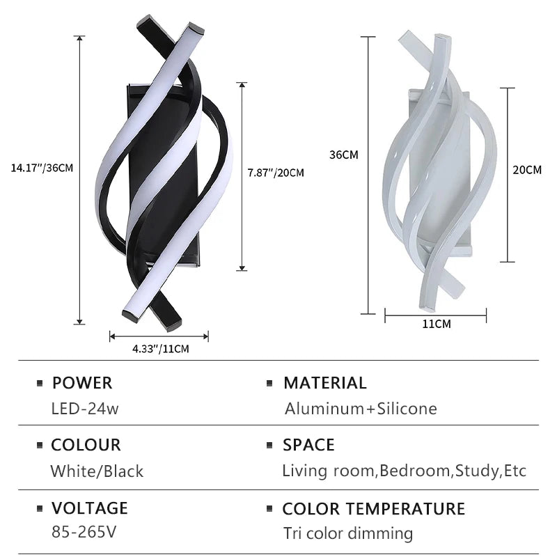 Modern Spiral LED Wall Lamp | Touch 3-Color Switch | Black &amp; White | Bedroom Headboard &amp; Living Room Light